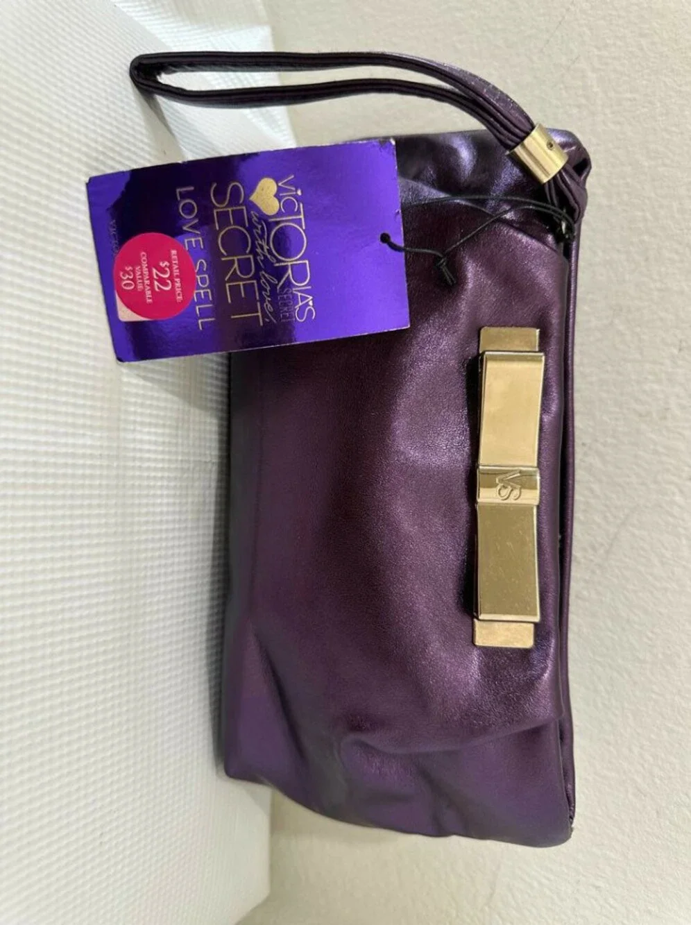 Victoria's Secret Purple Clutch Wristlet Evening Bag Make Up Bag w/Gold Bow
